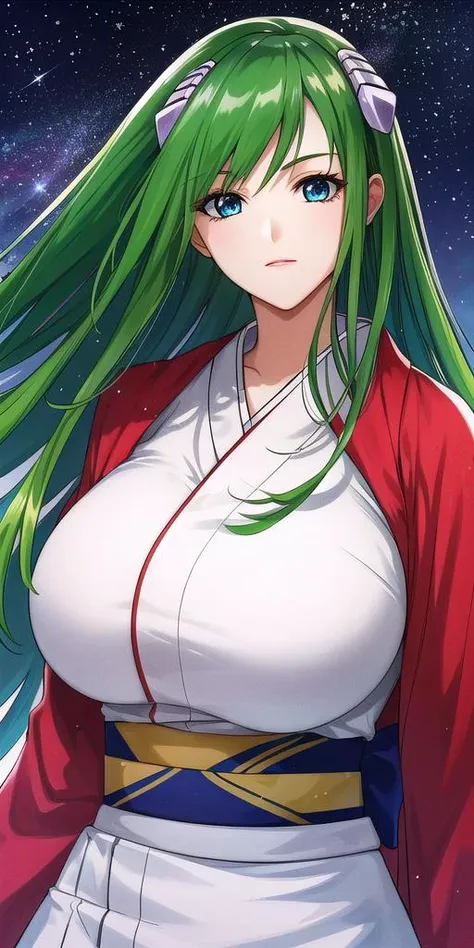 a woman with green hair and a white top is standing in front of a galaxy