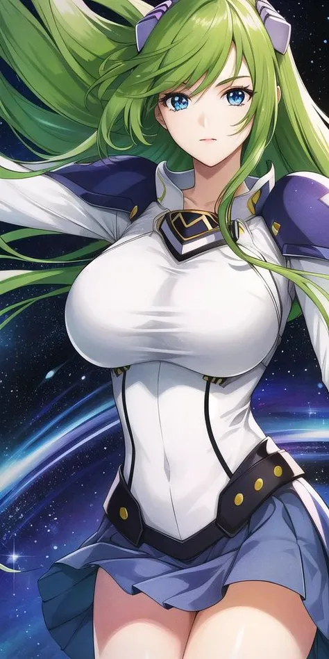 a woman with long green hair and a white shirt is standing in front of a space background