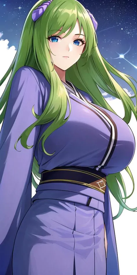 a woman with long green hair and blue eyes in a purple dress