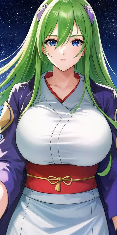 a woman with green hair and a white top is standing in front of a starr sky