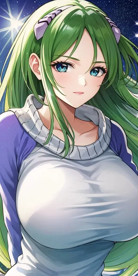 a close up of a woman with long green hair and a white shirt