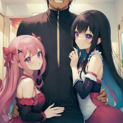 anime characters posing for a picture with a man in a black jacket