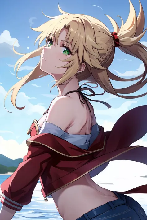 Highly detailed, High Quality, masterpiece,  blonde hair, green eyes, ponytail, mordred (fate), small breasts, denim shorts, white_bandeau, midriff,  expressionless, wind blowing, from side, looking at viewer, shaft head tilt, jacket, bare shoulders,   <lo...