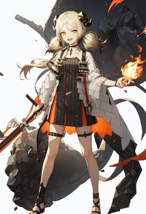 best quality, masterpiece, highres, solo, (ifrit_arknights:1.10), 1girl, black footwear, full body, toeless footwear, thigh strap, looking at viewer, toenail polish, black choker, smile, holding weapon, standing, short dress, black dress, fire, orange nail...