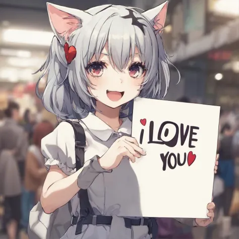 anime, photo of a cute catgirl holding a sign that says "i love you"