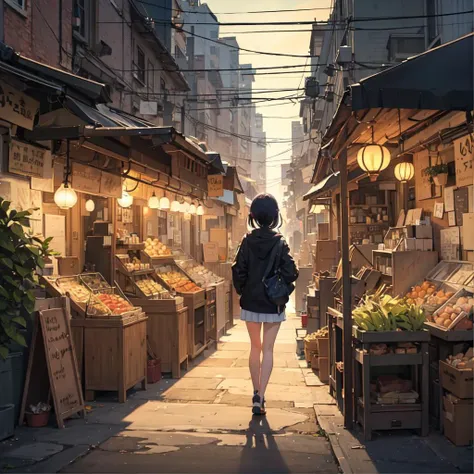 masterpiece anime artwork in style of makoto shinkai. a girl with black half updo hair in unzipped parka and sporty shorts, walk...