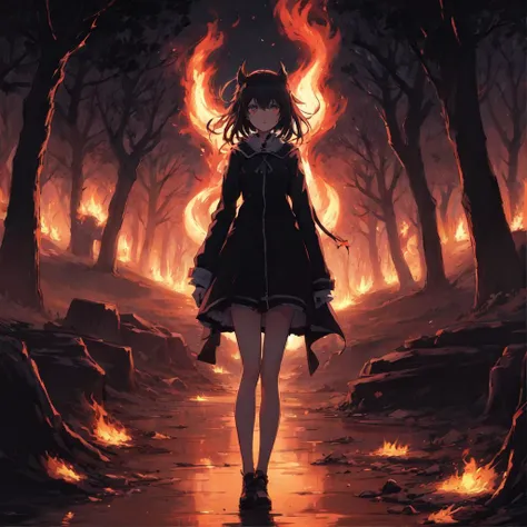 anime, a demonic girl walks through the night fire park