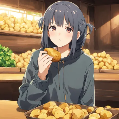 anime, a girl is eating potatoes