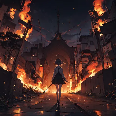 anime, a demonic girl walks through the night fire park