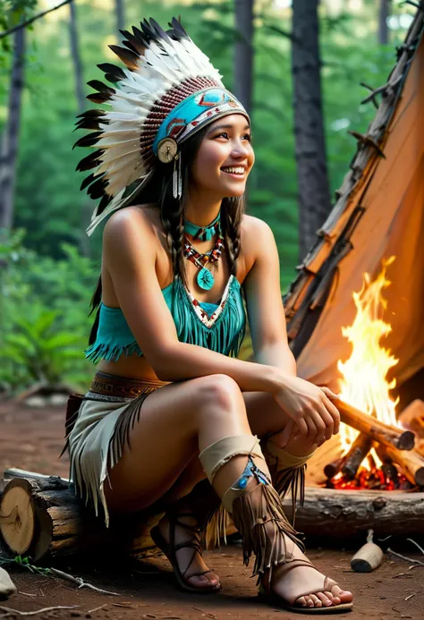 (medium full shot) of (ineffable young woman:1.1) from the Hopi tribe,             wearing Beaded buckskin halter top, fringed buckskin skirt, feathered war bonnet, moccasins with beadwork, turquoise jewelry with intricate filigree and inlay, laughing, arm...