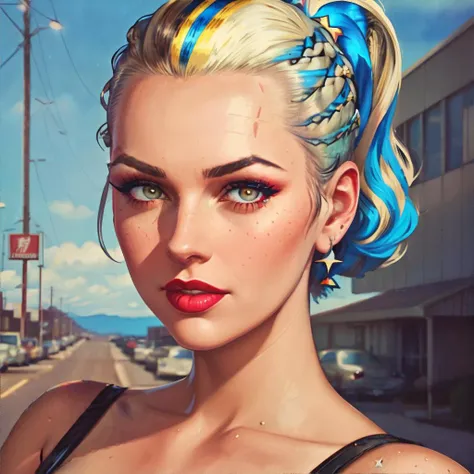 <lora:americanvacation:1.0>, SixtiesRamada, 1girl, two-tone hair slicked back, starry print eyes, :D expression, masterpiece, 8k, high resolution, shallow depth of field, sharp focus