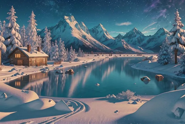 style of (hoppagames:1.0), (Award-winning landscape), (Majestic snow-capped peaks), (Crystal clear lake), (Lush forest), (Quaint cabin), (Cozy fireplace), (Sparkling stars), (Chilly winter air), (Glistening snowflakes), (Peaceful serenity), (Remote escape)...