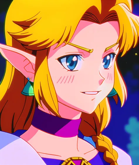 (80s anime style),clean artstyle, masterpiece, best quality, detailed portrait of princess Zelda, the legend of Zelda, choker, earrings, smile, soft light