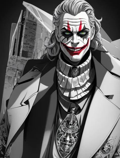 a king joker, half face robotic, realistic, smok, large shot::75 panoramic ::75 atmospheric ::22 intricate fine ornemental::80 c...