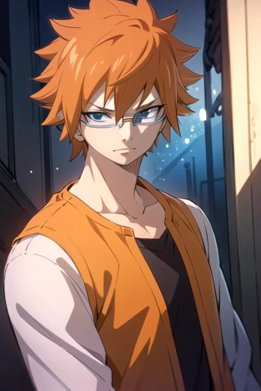 masterpiece, best quality, illustration, 1boy, solo, male focus, looking at viewer, , depth of field, anime coloring, realistic, <lora:loki_fairy_tail:0.70>, loki_fairy_tail, orange hair, black eyes, glasses, , henley, , sci-fi,