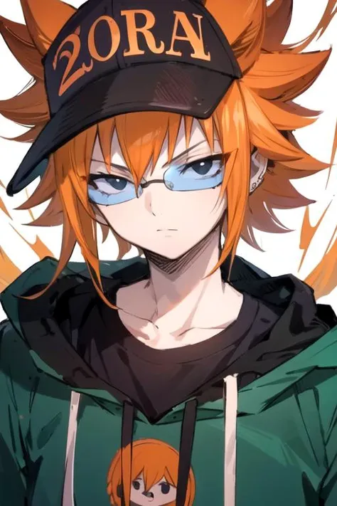 masterpiece, best quality, illustration, 1boy, solo, male focus, looking at viewer, upper body, , anime coloring, , <lora:loki_fairy_tail:0.74>, loki_fairy_tail, orange hair, black eyes, , spiked hair, zip-up hoodie, trucker hat, Wonderland: A wild and fan...