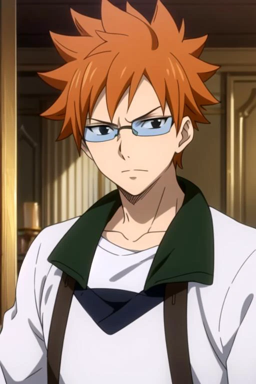 masterpiece, best quality, movie still, 1boy, solo, male focus, looking at viewer, upper body, , anime coloring, , <lora:loki_fairy_tail:0.68>, loki_fairy_tail, orange hair, black eyes, glasses, spiked hair