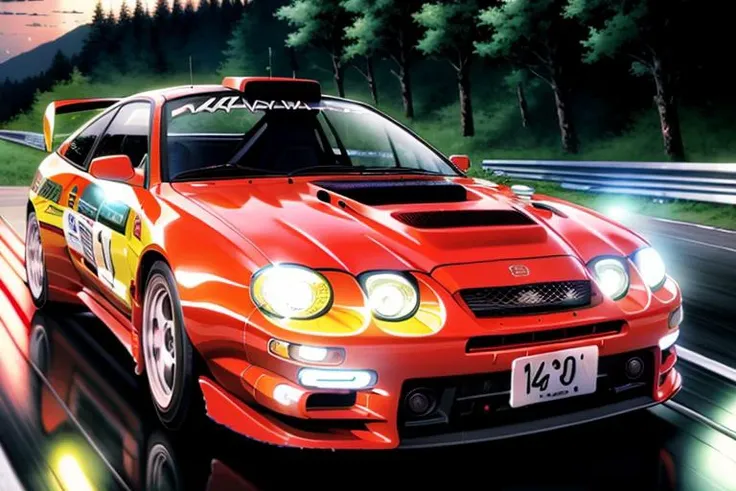 masterpiece,best quality,official art,extremely detailed CG unity 8k wallpaper,illustration, ((TUNED RALLY car)), bright, sports car, vehicle focus, road, ((need for speed)),((NFS)), moving, wet, (((NIGHT))),neon lights,drift,  <lora:CELICA6:0.8>, (CELICA6...