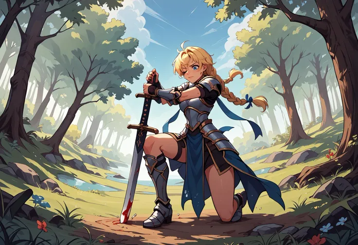 a woman in armor holding a sword in a forest