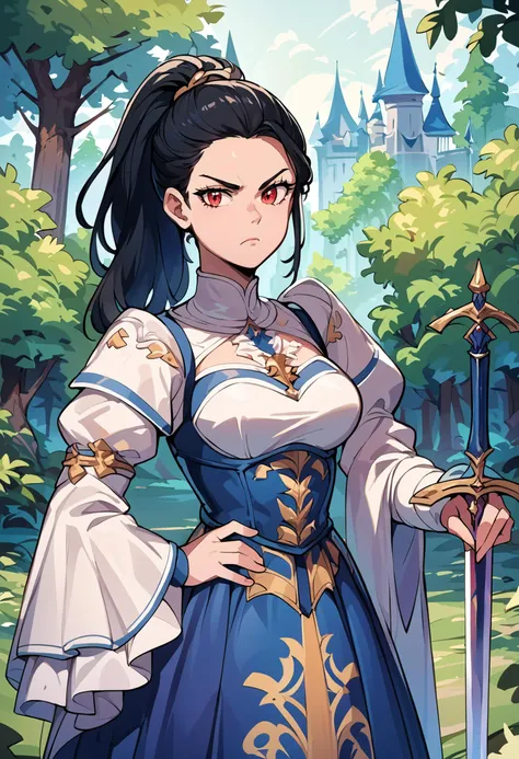 a woman in a blue dress holding a sword in front of a castle