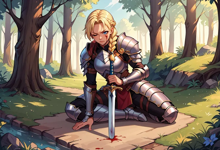 a woman in armor kneeling on a stone with a sword