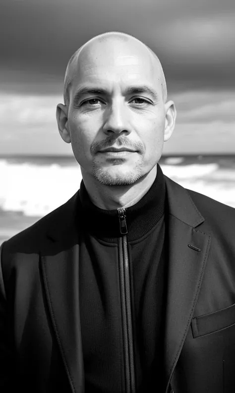 b&w photo of 42 y.o man in black clothes, bald, face, half body, body, high detailed skin, skin pores, coastline, overcast weather, wind, waves, 8k uhd, dslr, soft lighting, high quality, film grain, Fujifilm XT3