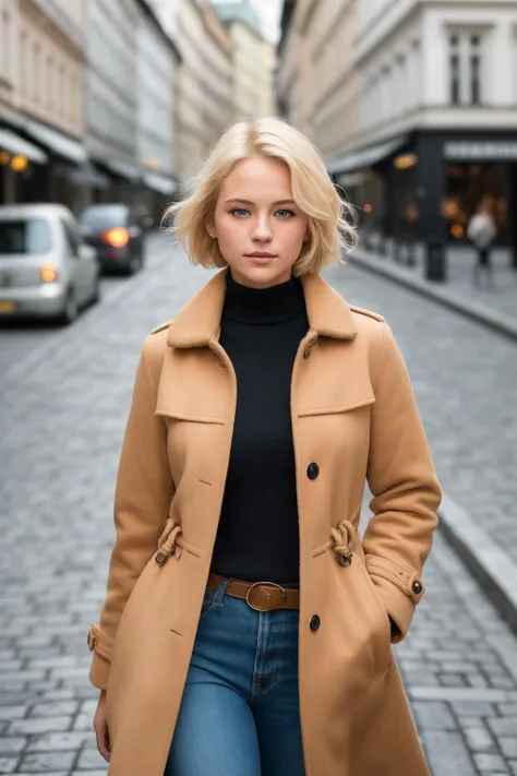 a photo of a beautiful girl walking in the city of vienna, blond short hair, tranch coat, RAW, Nikon z 85mm, analog style, Award Winning Photograph, high detailed skin, skin details, best quality, 8k,sharp focus, subsurface scattering, modelshoot style, an...