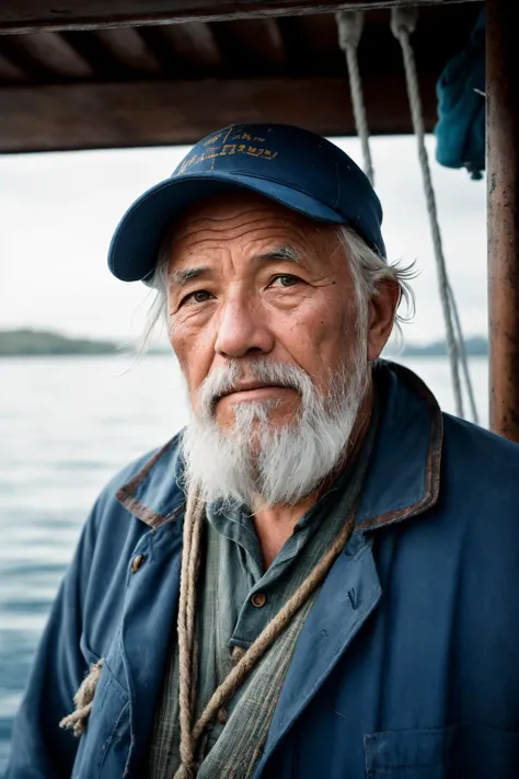 a photo of an old tired fisherman, on a ship, from below, RAW, Nikon z 85mm, analog style, Award Winning Photograph, high detailed skin, skin details, best quality, 8k,sharp focus, subsurface scattering, modelshoot style, analog style, dramatic lighting