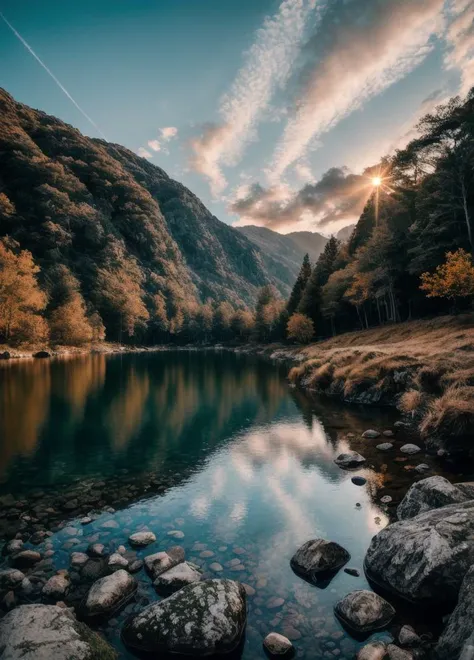 a river surrounded by rocks and trees in the middle of a forest