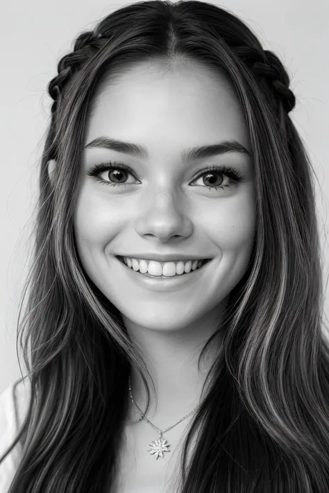 realistic photo of <lora:sd15_MakenzieRaine_locon_64_v1-000007:1> MakenzieRaine, focus on eyes, close up on face, huge smile, wearing jewelry, hair styled as Straight Pull-Through Braid, black and white