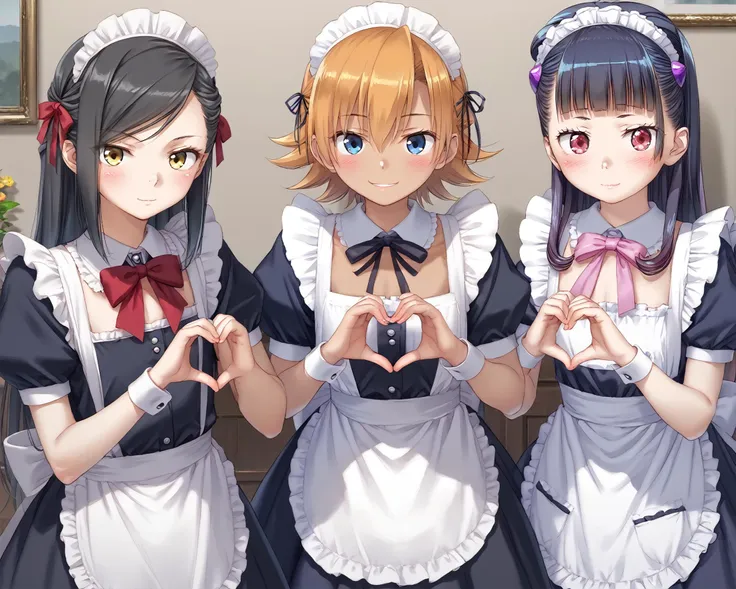 three anime girls in maid uniforms making a heart with their hands