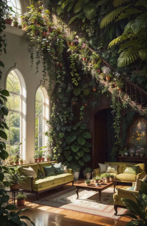 a photo-realistic rendering of a spacious living room with an abundance of greenery, including hanging plants and a vertical gar...