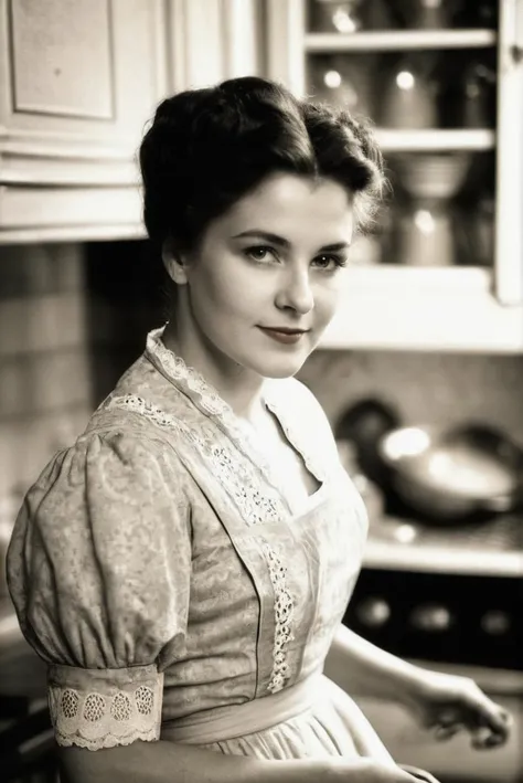 analog film photo portrait of a young woman in an early 1900s kitchen, (nostalgic:1.2), ('vintage atmosphere':1.4), ('sepia tone...