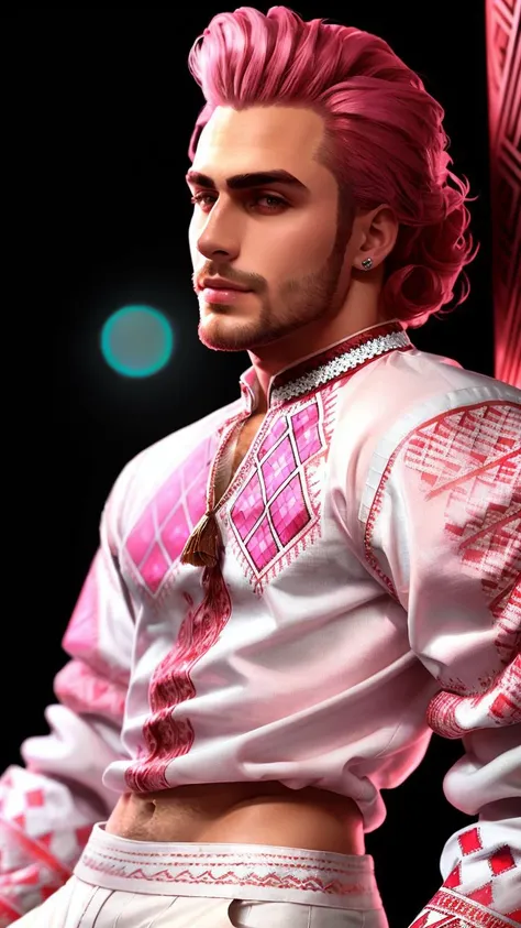 highest quality, 16k, raw photo, photorealistic, professional photograph, intricate, colorful, (low angle shot:1.3), upper body, (detailed skin, detailed eyes:1.2), adult male, (gigachad man in pink vyshyvanka shirt with red geometrical pattern, pattern on...