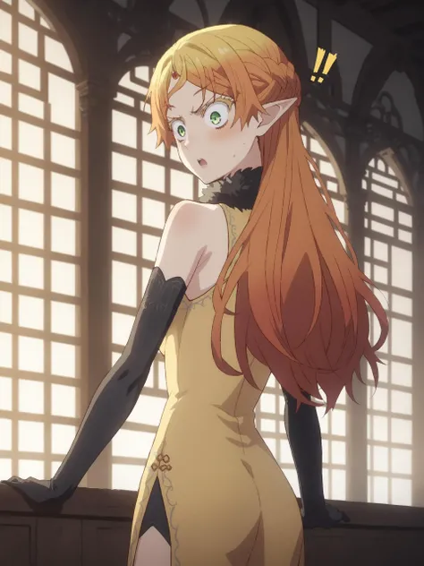 core_9, score_8_up, score_7_up, score_6_up, score_5_up, score_4_up,source_anime, indoors in a palace, looking back, surprised expression,  golden white china dress, fur collar, black elbow gloves <lora:Smooth Anime Style LoRA XL:1> tsun3r3lve, solo, braid,...