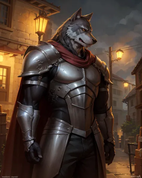 cowboy shot of wolf in heavy armor, werewolf, worgen, muscular, armored pants, cape, fantasy town outdoors, lantern, volumetric lighting, best quality, masterpiece, realistic