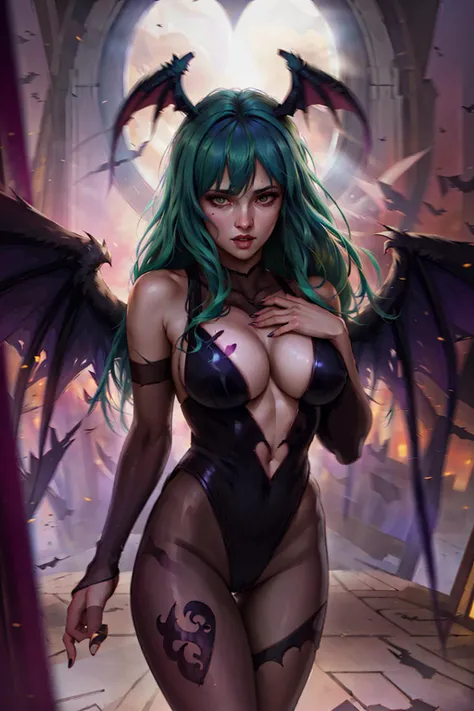 1girl, portrait, print legwear, morrigan aensland, solo, breasts, head wings, animal print, long hair, wings, pantyhose, heart cutout, bat print, leotard, large breasts, bare shoulders, green hair, high heels, fangs, fingernails, looking at viewer, bridal ...