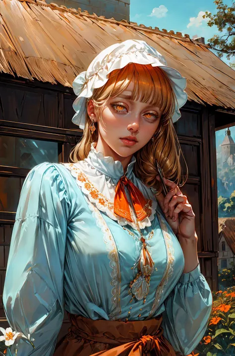 [creamy brown hair|blonde|creamy brown hair] (coloured_eyelashes, orange_eyes:1.35) (bangs:1.2) (female_focus) (botanist) (waist up) lace-trimmed (simple light blue shirt) (aquamarine earrings:1.1) (medieval mob cap:1.2)