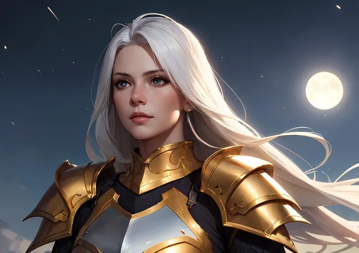 1girl, upper body of beautiful paladin in golden armor, moon on sky, looking up, windblown white hair, night, particles, volumetric lighting, best quality, masterpiece, very detailed, trending on Artstation, realistic