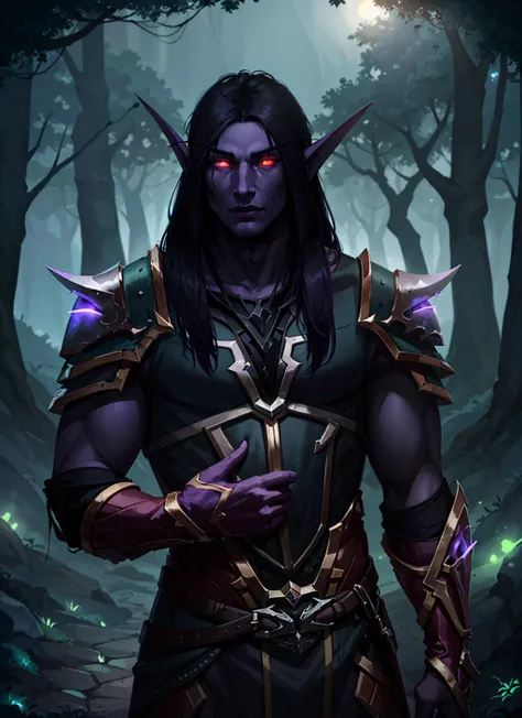 1boy, beautiful henelf in black armor with fur trim, purple skin, glowing white eyes, black hair, forest, tree, dark atmosphere, night, athletic, volumetric lighting, best quality, masterpiece, <lora:sxz-night-elf-v3:0.7>