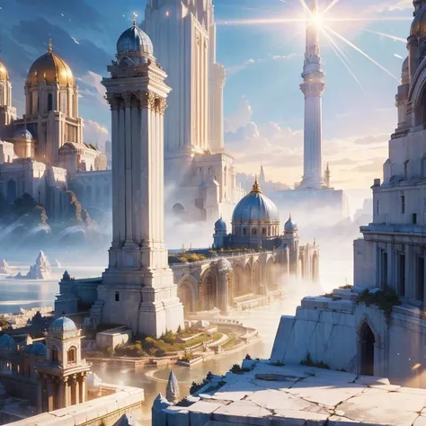 masterpiece, best quality, the forgotten city made of white marble, grand, epic, fantasy, mystical, sunbeam, soft lighting