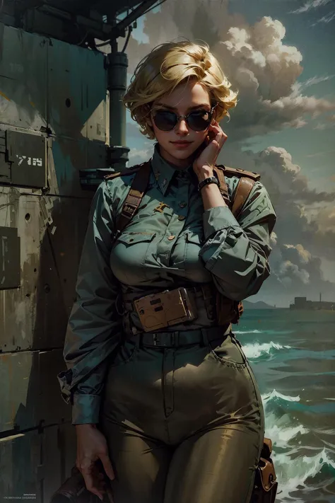 (masterpiece, best quality, ultra-detailed:1.3), 1girl, sunny, outdoors, ocean, clouds, looking at viewer, (windy:1.2), (intricate detail, sexy, cool), military uniform, green pants, round sunglasses, smirk, (soviet poster:1.1) BREAK short blonde hair, (ad...