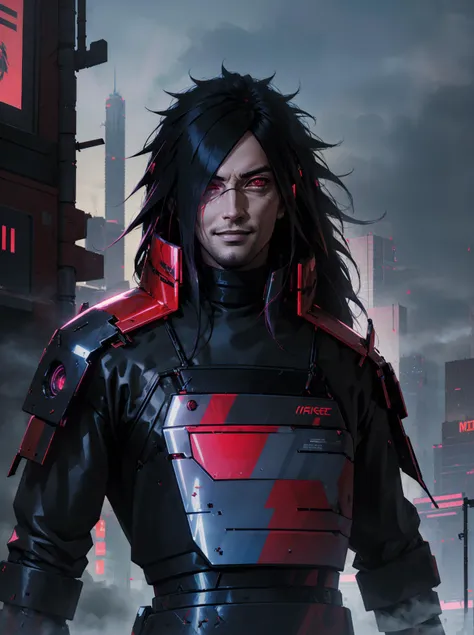 highly detailed, High Quality, Masterpiece, cowboy shot of uchiha madara, long hair, hair over one eye, black hair and red eyes, ((cyberpunk)) red suits opened on chest, holographic samourai behind him, robot hand, holographic screens, fog, robotic body pa...