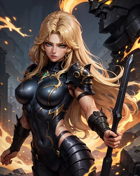 (1girl), wearing a heavy knight armor, dark armor, intricate black and gold armor details, intricate beautiful green fields, legendary, futuristic, saint seiya, long blonde hair, muscular, power pose, highly detailed background, fire in the eyes, aura powe...