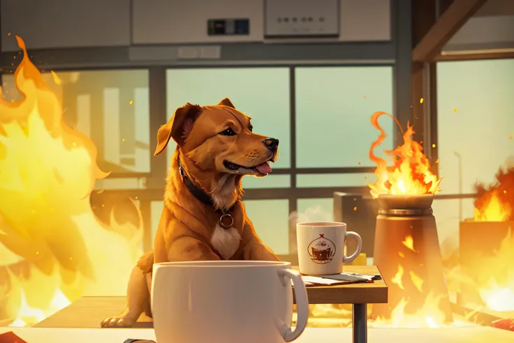 dog, sitting, fire, coffee cup, hat, particles, volumetric lighting, best quality, masterpiece, (realistic:1.1),crisp, sharp,