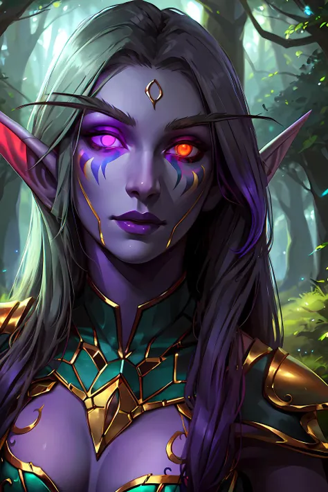 shenelf, woman, detailed, athletic, beautiful, purple skin, long hair, glowing eyes, face paint, light armor, forest, realistic <lora:sxzNightElvesWarcraft_sxzNightElves:0.65>