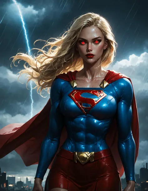 score_9_up, score_8_up, score_7_up, realistic, cowboy shot of supergirl, athletic, blonde hair, red glowing eyes, upper body, long long sleeves, blue shirt, red cape, skirt, belt, thighhigh, fit female, muscular female, collarbone, red lipstick, parted lip...