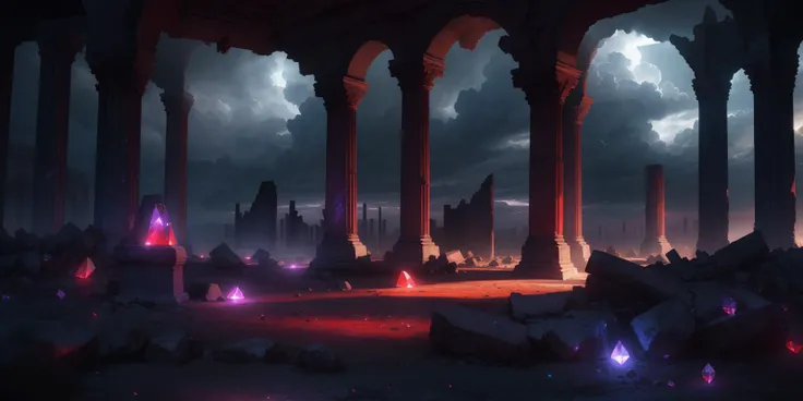 scenery, ruins, glowing red crystal in center, clouds, night, dark atmosphere, caustics, volumetricl light, particles, very detailed