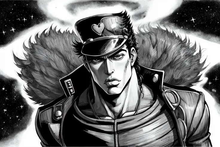 ultra-wide angle, kujo jotaro, star platinum, best quality, masterpiece, manga style, bw, araki hirohiko (style)