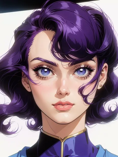 portrait of beautiful girl with purple hair, white background, retro artstyle, anime screencap